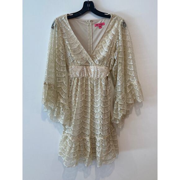 Betsey Johnson Lace Gold Metallic Dress Fairy 90s Babydoll ~ Sz 6 ~ So Glam! - Picture 3 of 9